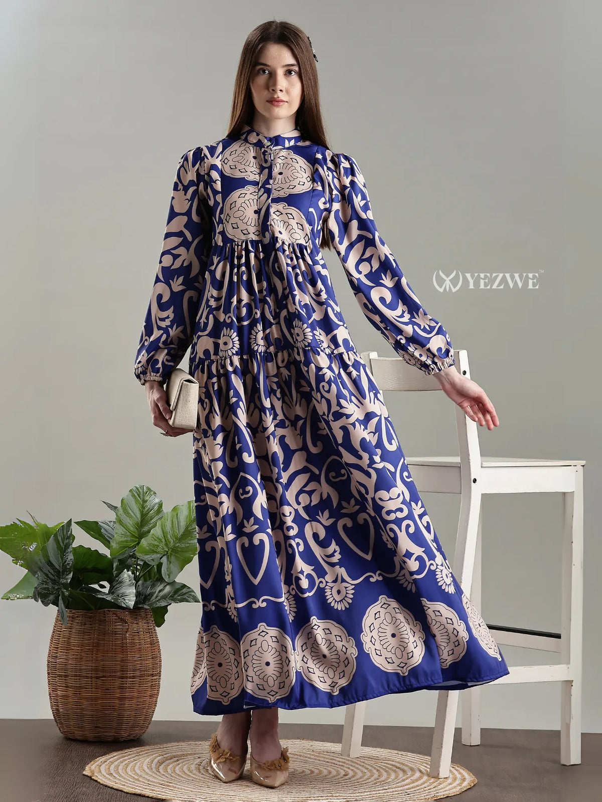 Yezwe royal blue Arabic printed full length modest maxi dress front view