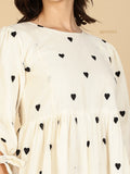 YEZWE Ivory Kora Cotton Modest Maxi Dress With Black Heart Embroidery