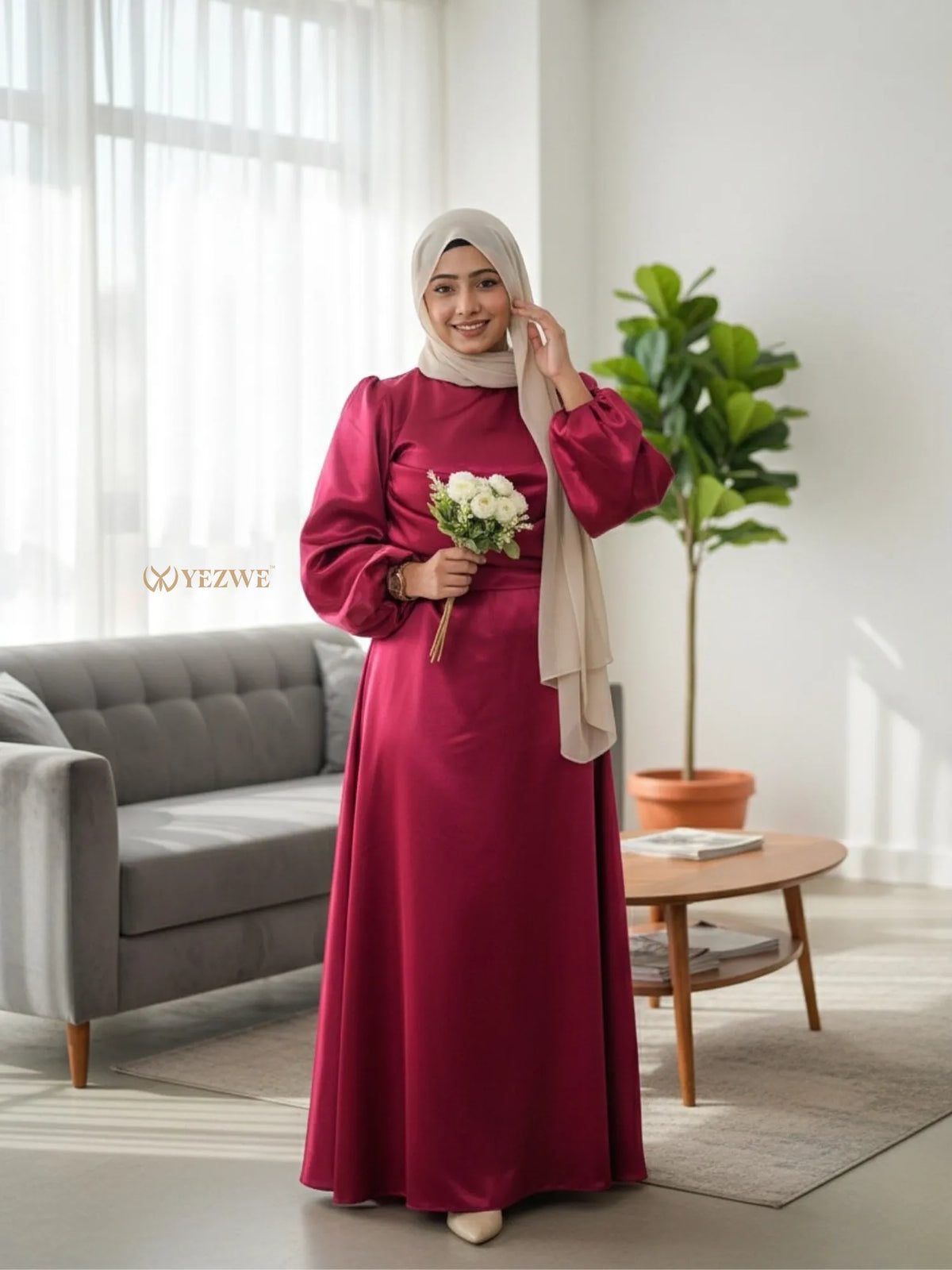 Yezwe rosewood satin flowing modest maxi dress full length front view