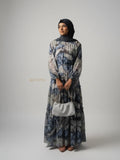 Yezwe Blue Greyish Print Georgette Maxi Dress with Cloth Belt - Modest Wear
