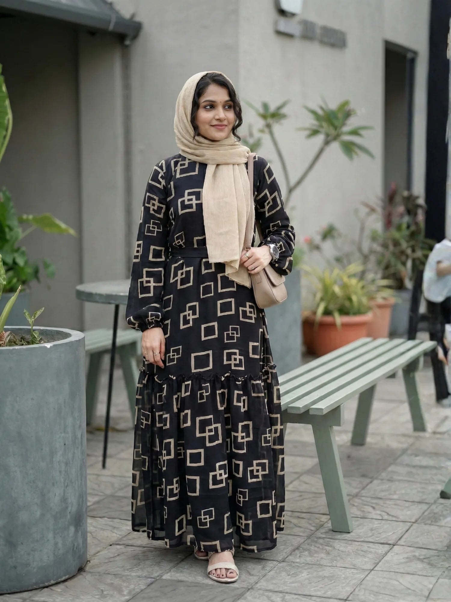 Yezwe black georgette check print full sleeve modest maxi dress front view