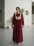 YEZWE Wine Red Modest Corset Maxi Dress with Lace-Up Bodice | Full Length Elegant Fit
