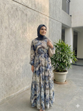Yezwe Blue Greyish Print Georgette Maxi Dress with Cloth Belt - Modest Wear