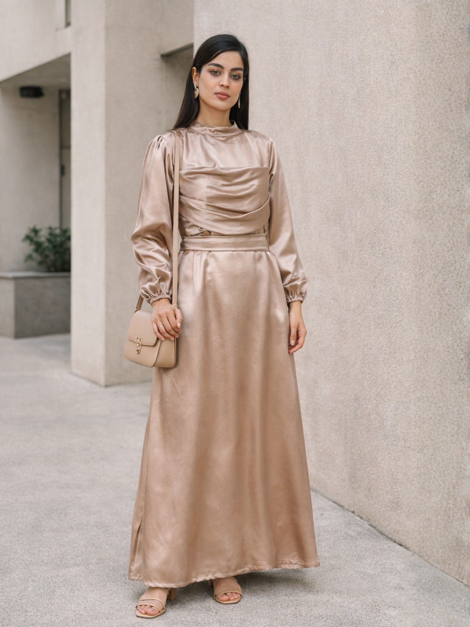 Yezwe Golden Hue Satin Maxi Dress Full-Length Modest Outfit Yezwe Golden Hue Satin Maxi Dress Full-Length Modest Outfit