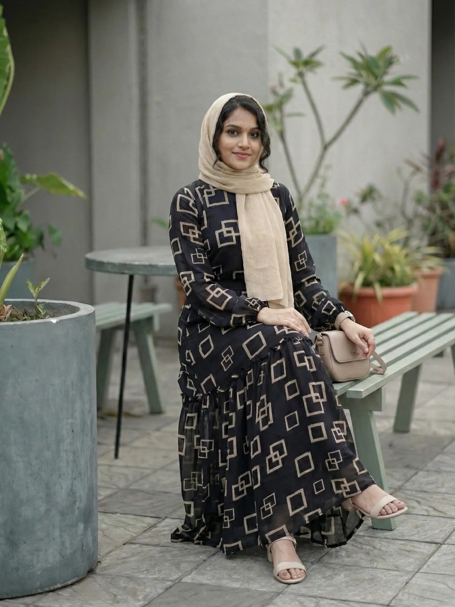 Black Georgette Check Print Full Sleeve Maxi Dress -  Yezwe Modest Wear