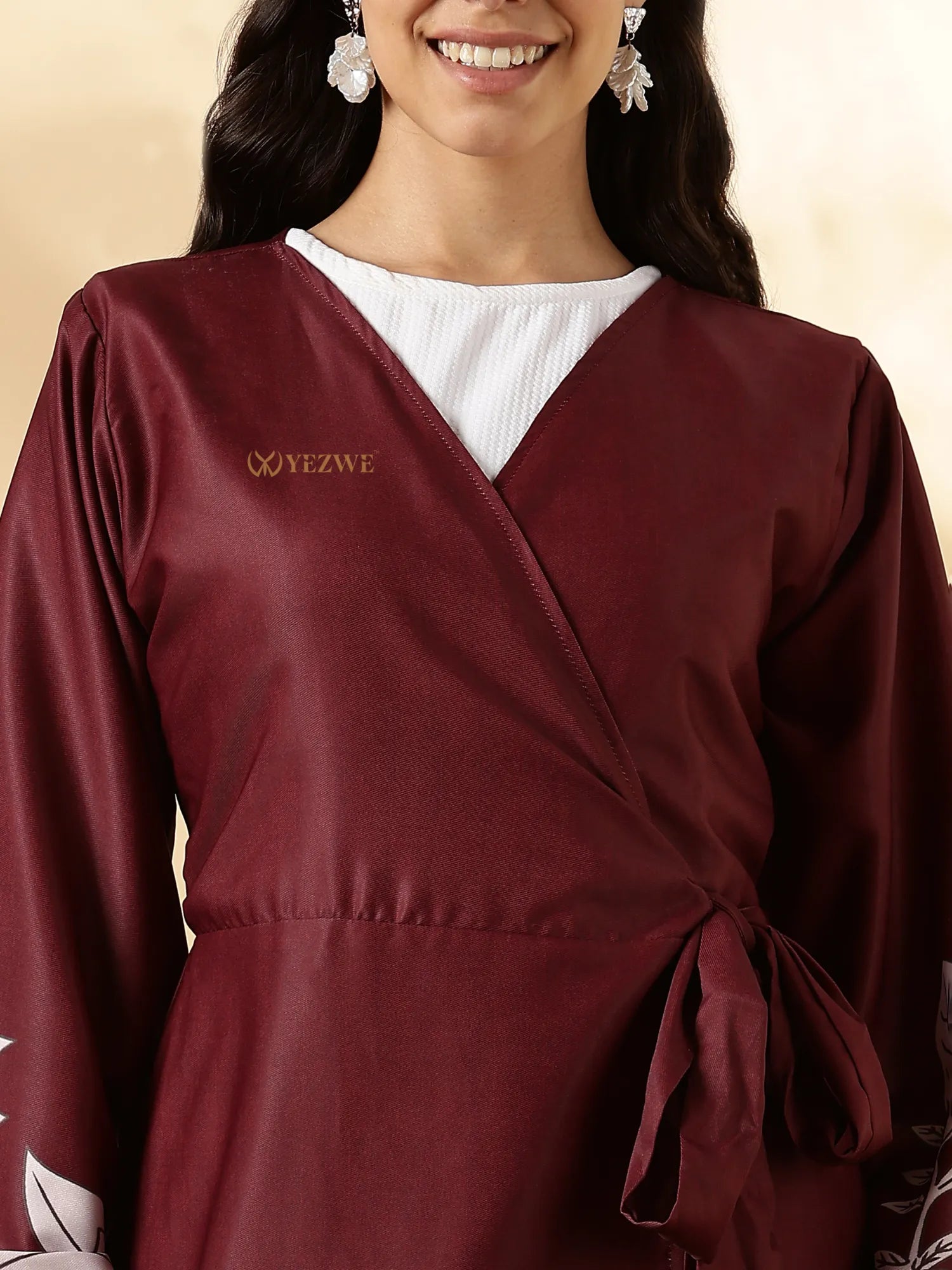 YEZWE customizable modest maxi dress in burgundy with a tied waist and elegant long sleeves