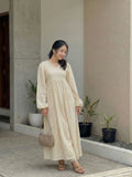 Yezwe Hakoba Off White Maxi Dress with V-Neck - Modest Wear