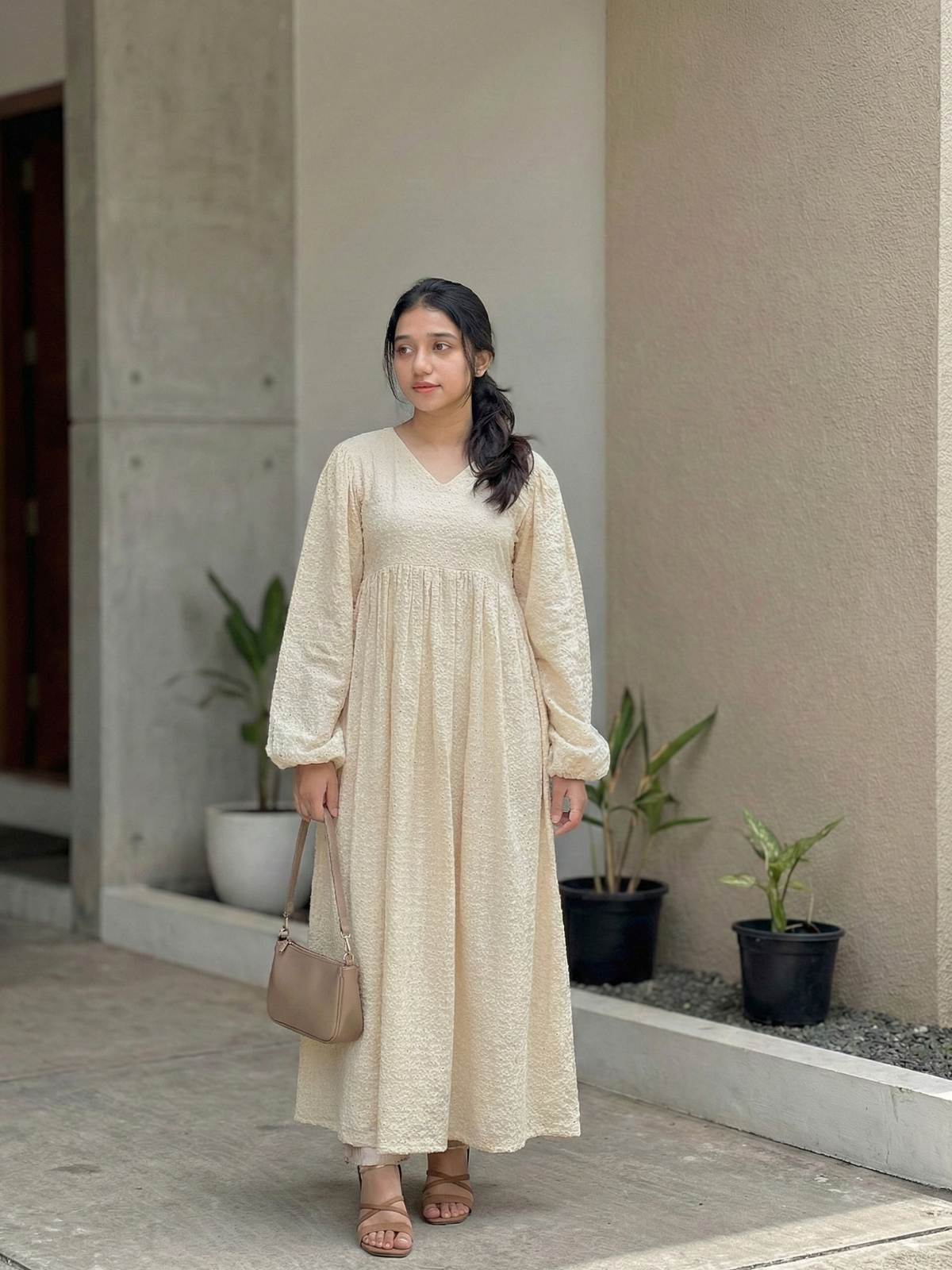Yezwe Hakoba off white modest maxi dress V-neck full length front view