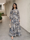 Yezwe Blue Greyish Print Georgette Maxi Dress with Cloth Belt - Modest Wear