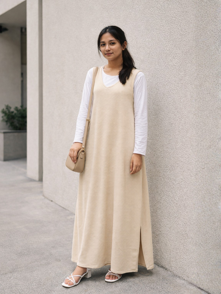 Yezwe Beige Pinafore Full Length Modest Wear Dress | YEZWE