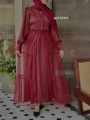 Yezwe Maroon Satin Top with Attached Net Overlay Satin Skirt | Modest Co-ord Set