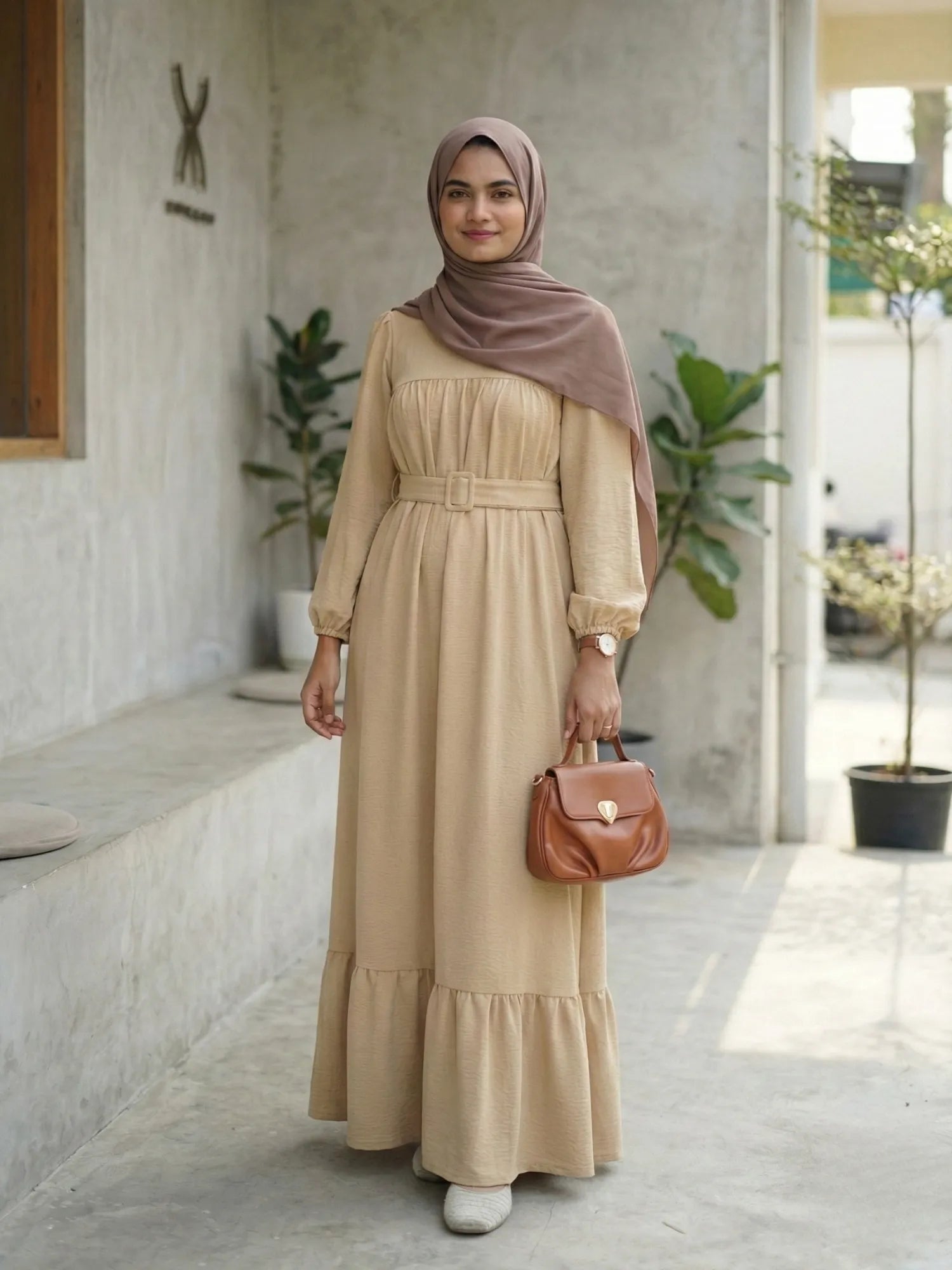 beige dress with hijab Overlap Tie Satin Dress main image 1