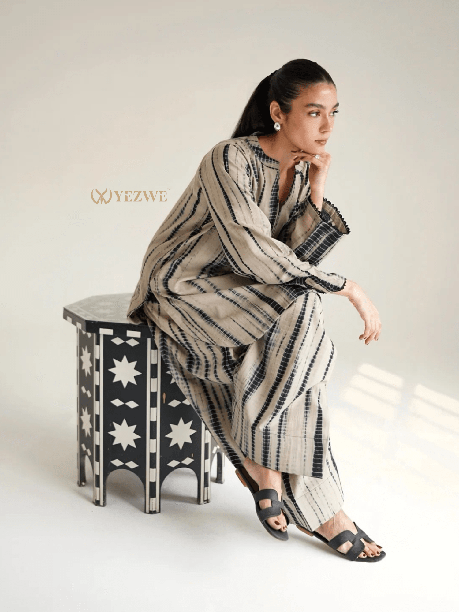 YEZWE Striped Serenity Hand-Dyed Cotton Modest Co-ord Set | Pre-Booking - YEZWE