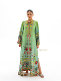 YEZWE Modest Green Floral Silk Kaftan Dress – Madian Silk | Pre-Booking