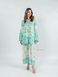 Yezwe Turquoise Palm Print Cotton Satin Modest Co-Ord Set |  – Pre-Booking