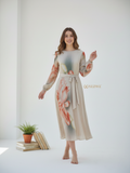 YEZWE Soft Beige Korean Floral Pleated Modest Maxi Dress | Customizable XXS–7XL