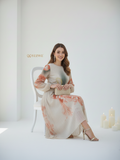 YEZWE Soft Beige Korean Floral Pleated Modest Maxi Dress | Customizable XXS–7XL