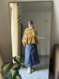 YEZWE Cey Mustard Peplum Top with Denim Maxi Skirt | Modest Pinteresty Wear