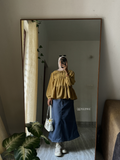 YEZWE Cey Mustard Peplum Top with Denim Maxi Skirt | Modest Pinteresty Wear