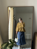 YEZWE Cey Mustard Peplum Top with Denim Maxi Skirt | Modest Pinteresty Wear