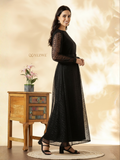 YEZWE Black Lace Satin Schiffli Maxi Dress | Floor-Length Modest Wear