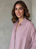 Soft Lilac Vertican Long Shirt Style Co-Ord Set | Premium Modest Wear showcased on a model with wavy hair