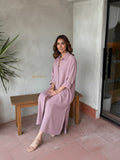 Woman wearing Soft Lilac Vertican Long Shirt Style Co-Ord Set | Premium Modest Wear sitting on a bench