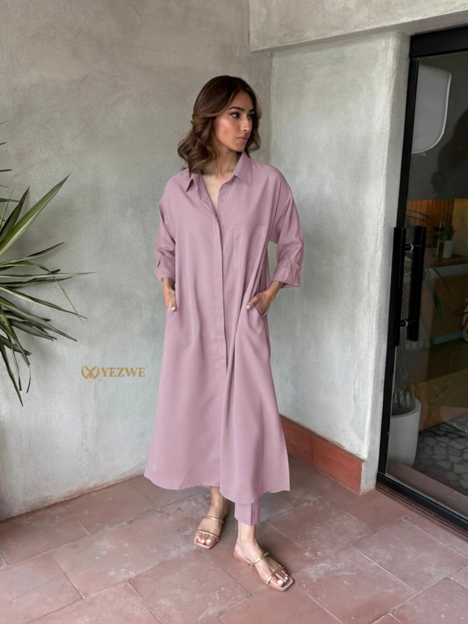 Soft Lilac Vertican Long Shirt Style Co-Ord Set | Premium Modest Wear showcased on a model in a modern setting