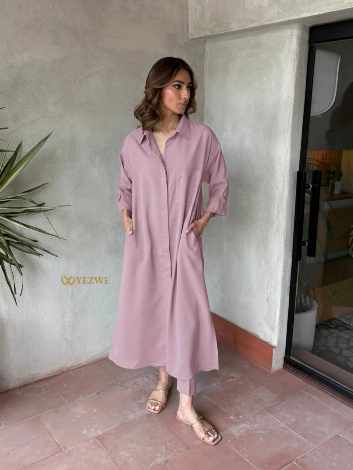Soft Lilac Vertican Long Shirt Style Co-Ord Set | Premium Modest Wear showcased on a model in a modern setting