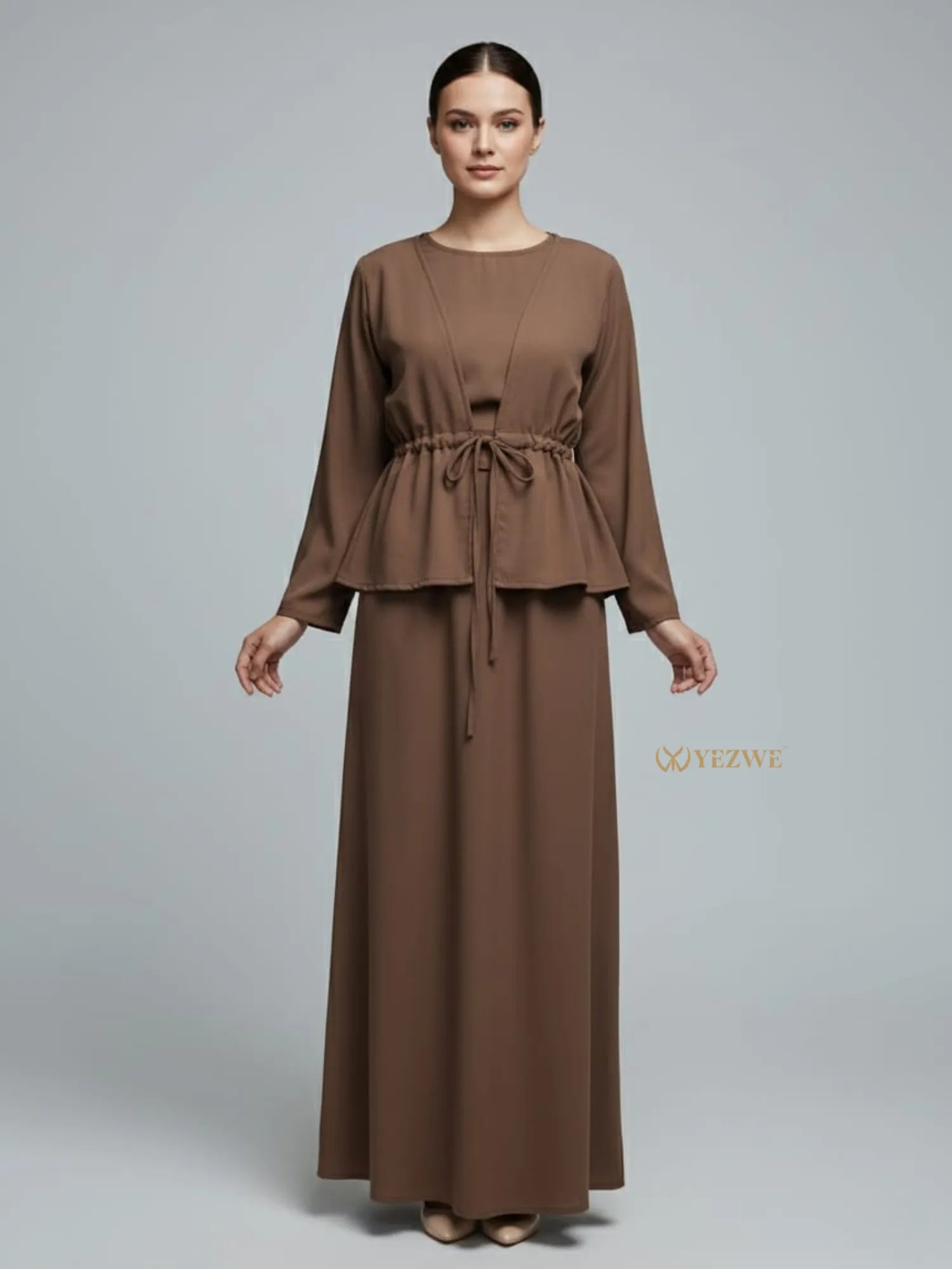 YEZWE Brown Maxi Dress with a Peplum Waist Design for Stylish Modest Wear