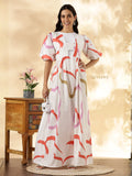 Imported Modest Maxi Dress by YEZWE featuring colorful patterns and puff sleeves on a model
