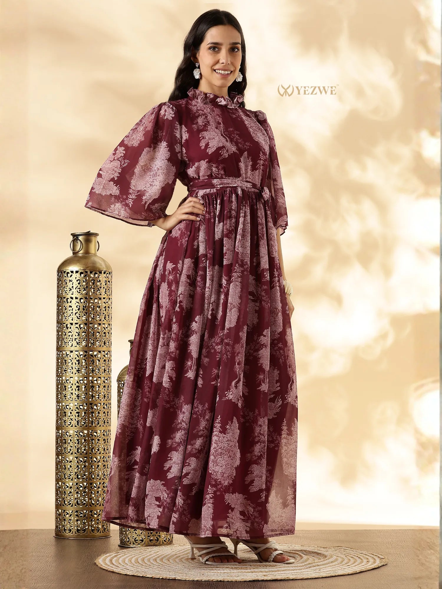 YEZWE Modest Maxi Dress in Burgundy Floral Print with Elegant Sleeves and Waist Belt