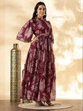 YEZWE Modest Maxi Dress in Burgundy Floral Print with Elegant Sleeves and Waist Belt