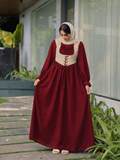 YEZWE Wine Red Modest Corset Maxi Dress with Lace-Up Bodice | Full Length Elegant Fit