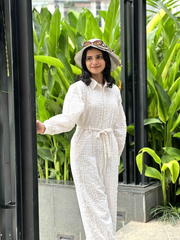 Yezwe white textured jumpsuit with a stylish belt and relaxed fit, perfect for casual outings