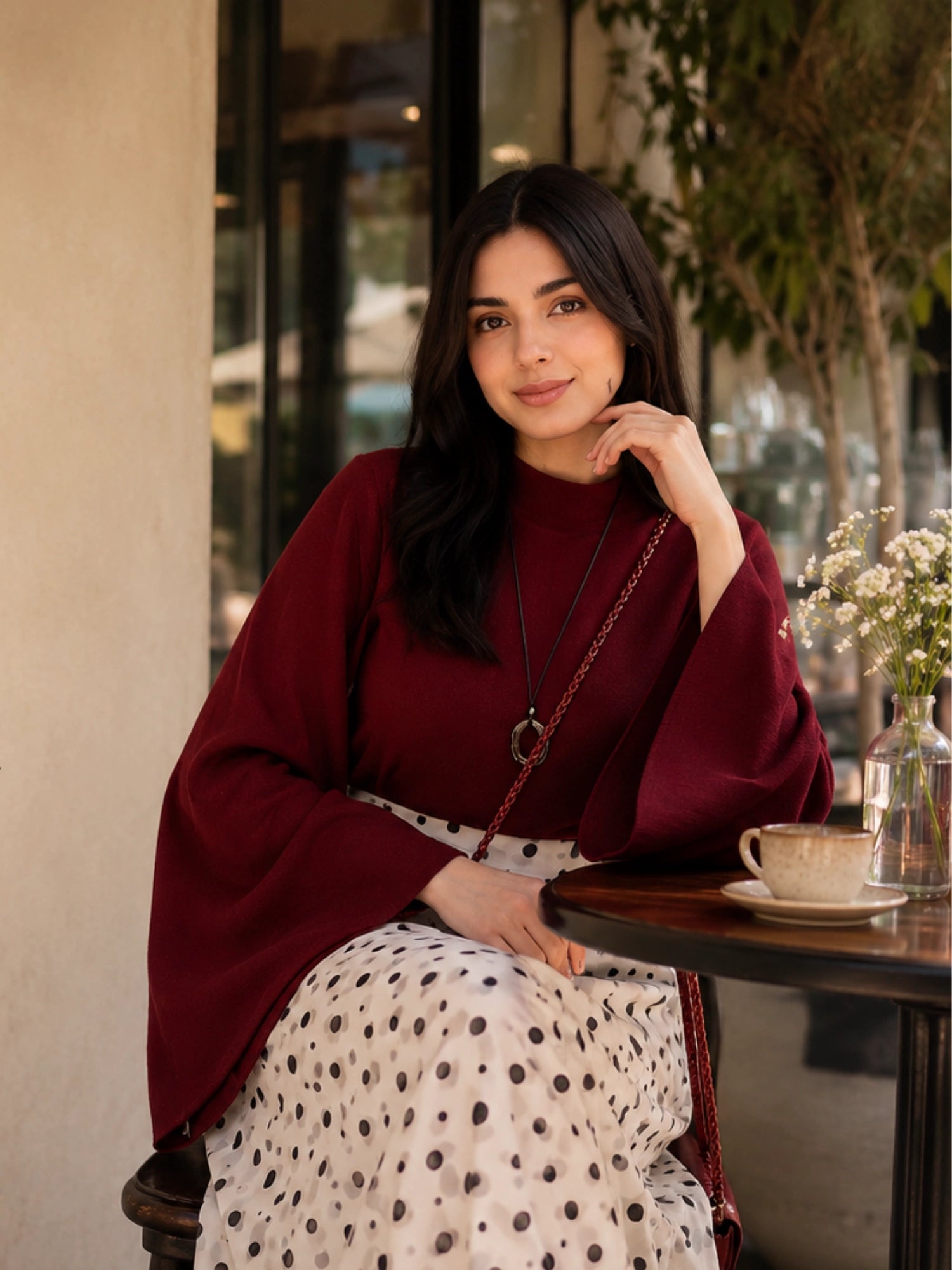 Wine Red Fusion Mock-Neck Top & Polka Dot Co-ord Style Co ord for stylish casual wear