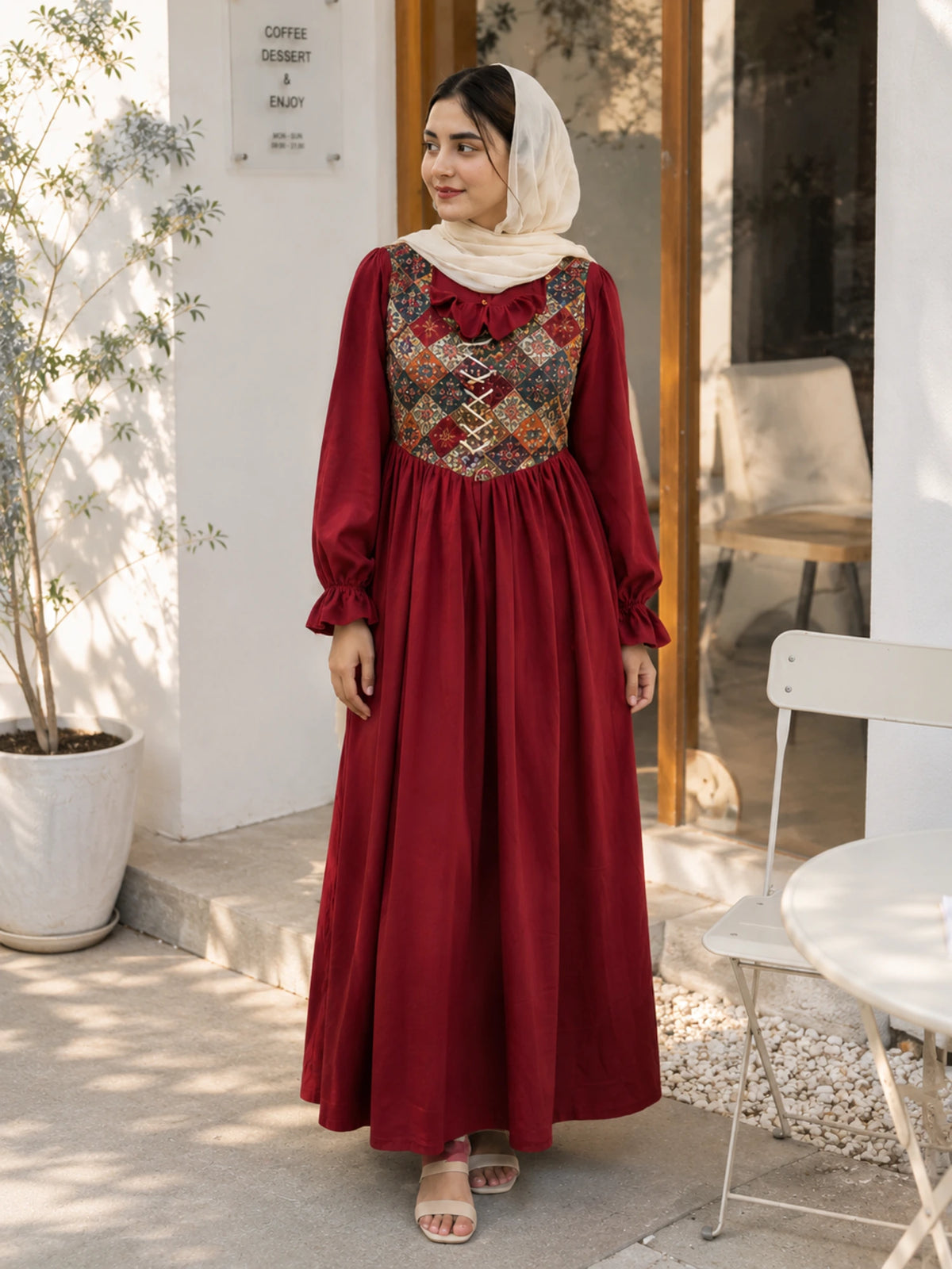 Winered Imported Cey With Linen Lux Pintrest Modest Maxi Wear featuring floral embroidered bodice and long sleeves