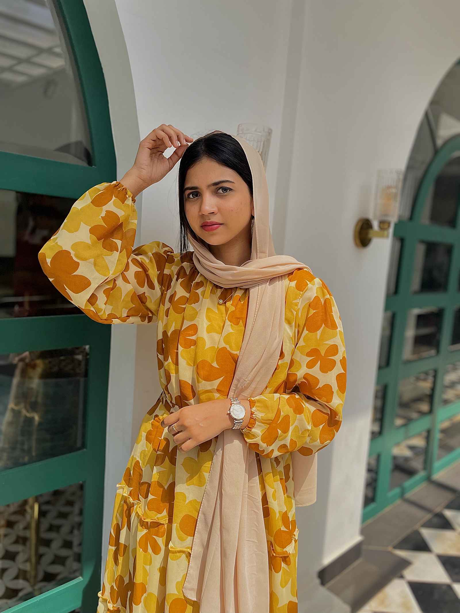 Yellow Floral Maxi Dress with Cloth Belt-YEZWE MODEST WEAR
