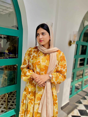 Yellow Floral Maxi Dress with Cloth Belt-YEZWE MODEST WEAR
