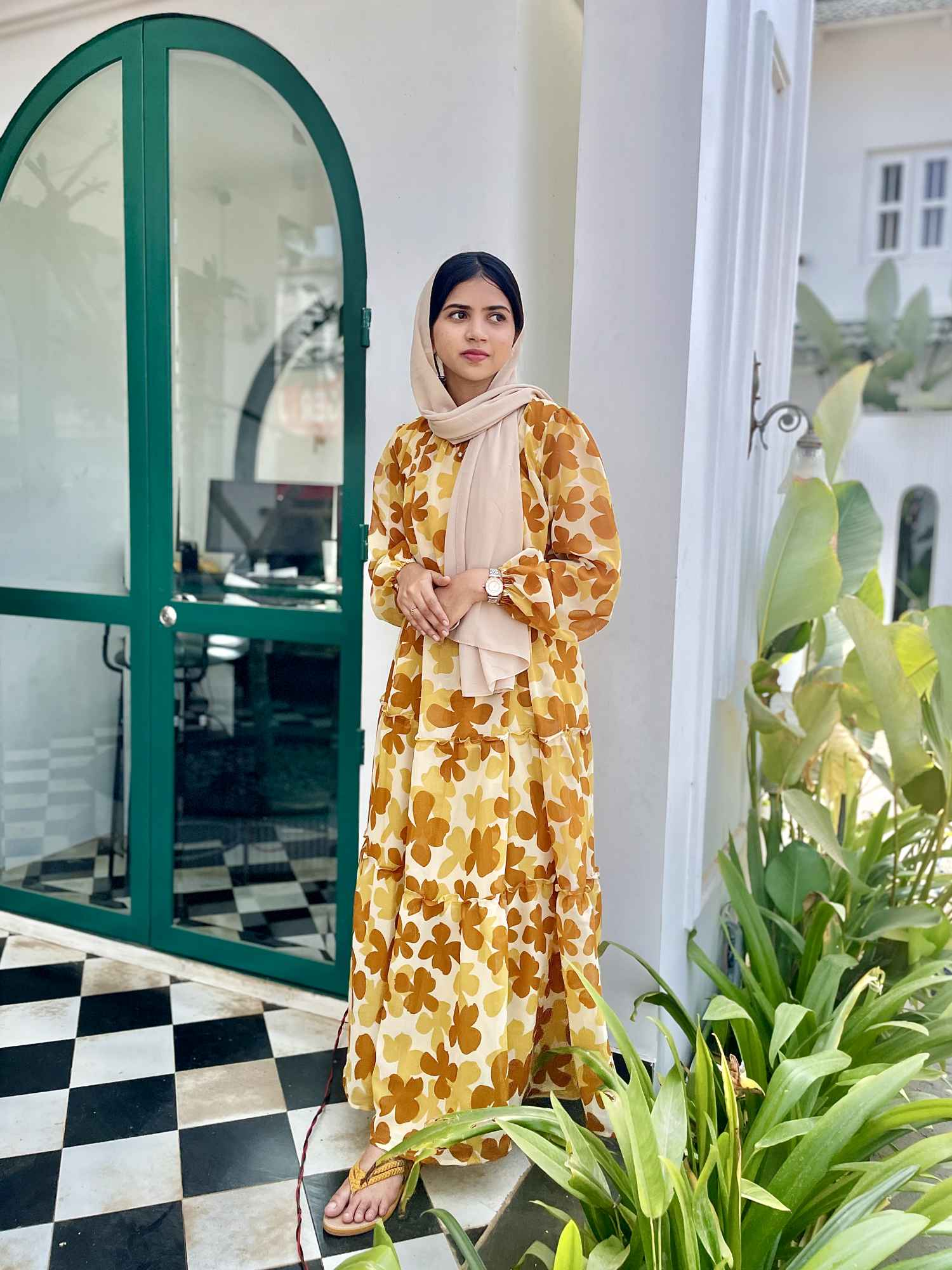 Yellow Floral Maxi Dress with Cloth Belt-YEZWE MODEST WEAR