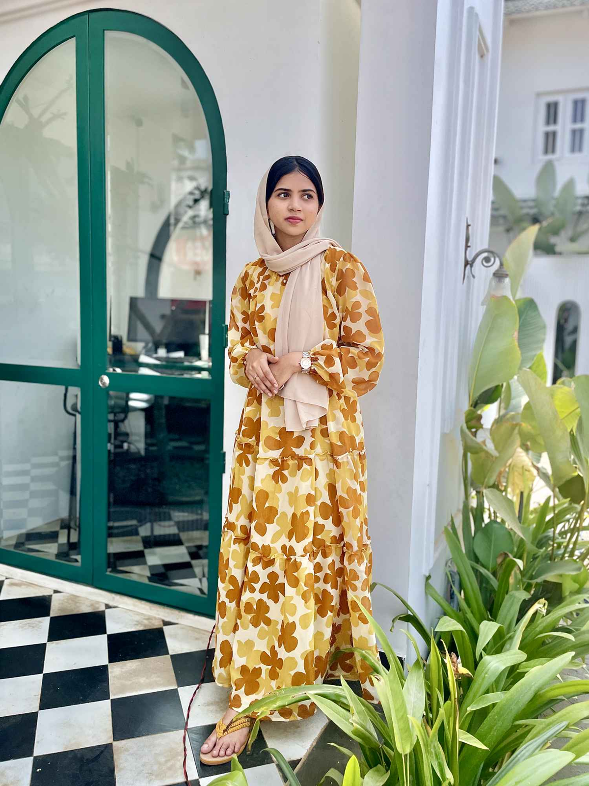 Yellow Floral Maxi Dress with Cloth Belt-YEZWE MODEST WEAR