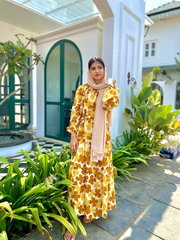 Yellow Floral Maxi Dress with Cloth Belt-YEZWE MODEST WEAR