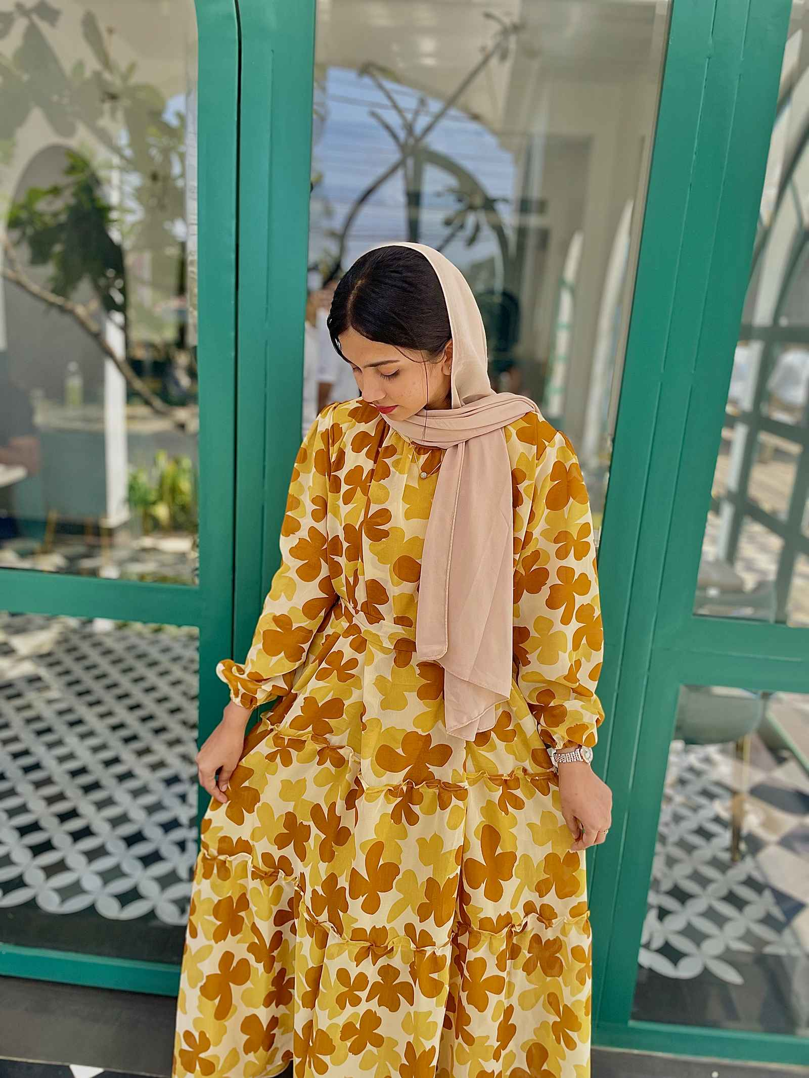 Yellow Floral Maxi Dress with Cloth Belt-YEZWE MODEST WEAR
