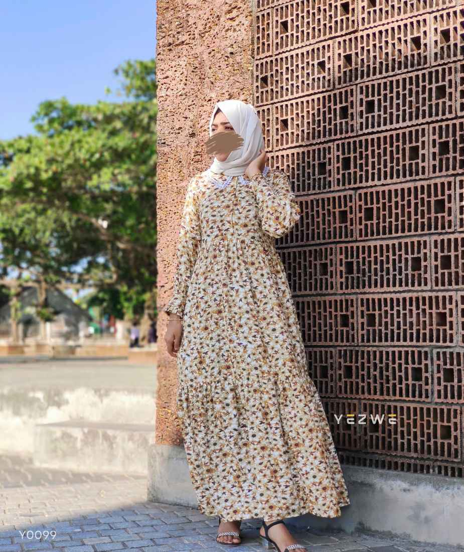 Yellow maxi dress modest wear with floral pattern and long sleeves from Yezwe