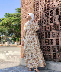 Yellow maxi dress modest wear with floral pattern and long sleeves from Yezwe