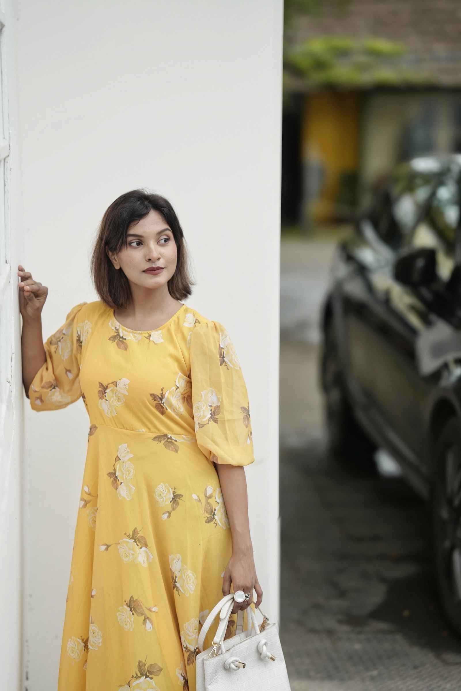 Yezwe yellow puff sleeve maxi dress with floral prints, perfect for casual outings or summer events