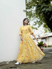 Yezwe yellow puff sleeve maxi dress with floral patterns, perfect for casual outings and summer events