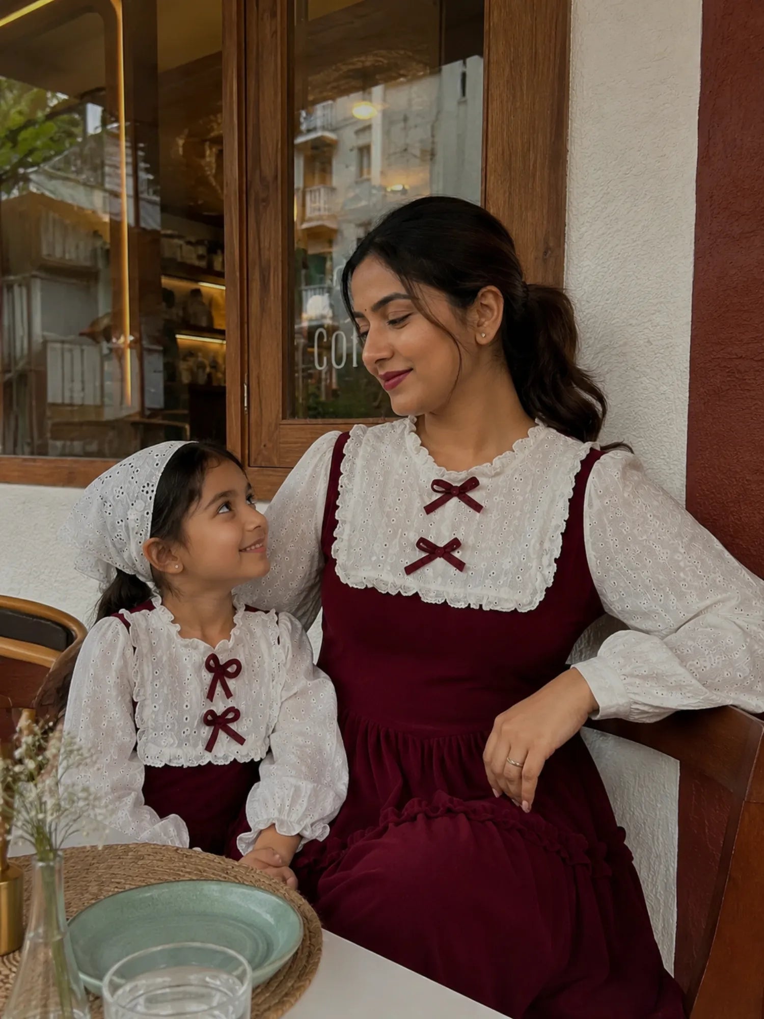 YEZWE Red Velvet Vintage Twinning Maxi Dress Set Mom and Daughter with matching outfits at a cozy café