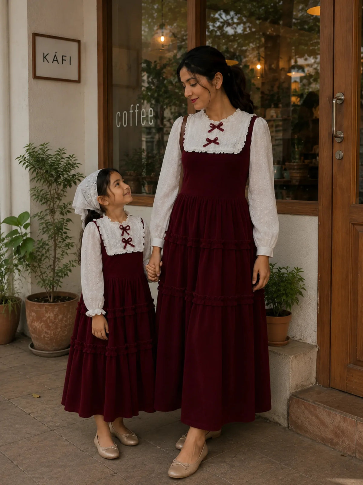YEZWE Red Velvet Vintage Twinning Maxi Dress Set Mom and Daughter in Burgundy, perfect for stylish family outings