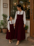 YEZWE Red Velvet Vintage Twinning Maxi Dress Set Mom and Daughter in Burgundy, perfect for stylish family outings